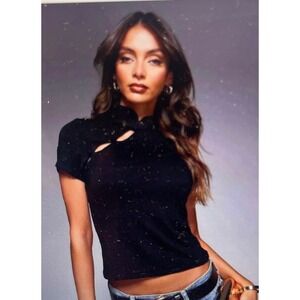 ASOS DESIGN Black Mandarin Collar Frog Button Keyhole Top Short Sleeve US 8-10 M